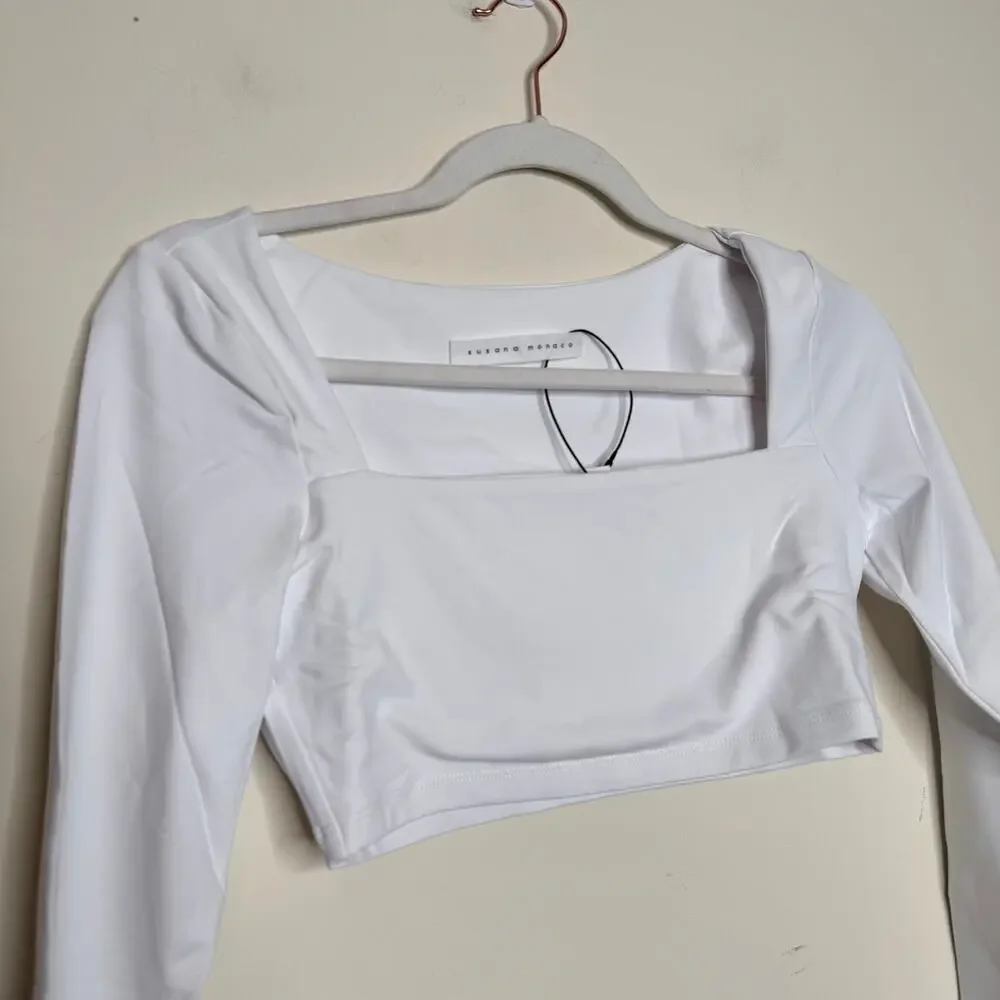 Susana Monaco Micro Square Neck Long Sleeve Top - White NWT Size Large